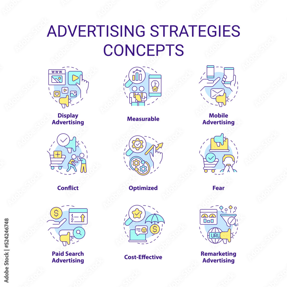 Advertising strategies concept icons set. Marketing campaign idea thin line color illustrations. Mobile and display ads. Isolated symbols. Editable stroke. Roboto-Medium, Myriad Pro-Bold fonts used