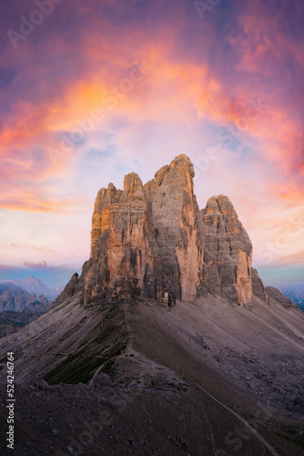 Stunning view of the Three Peaks of Lavaredo, (Tre cime di Lavaredo) during a beautiful sunrise. The Three Peaks of Lavaredo are the undisputed symbol of the Dolomites, Italy