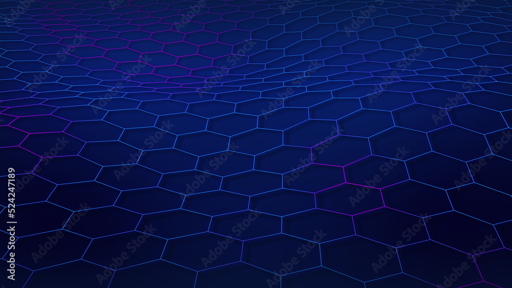 Technological grid of hexagons on a blue background. Glowing blue purple gradient color hex wireframe. Seamless looping animation. Technological grid of hexagons on a blue background. Glowing blue purple gradient color hex wireframe. Seamless looping animation.