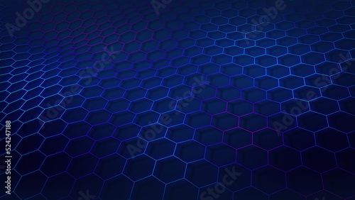 Technological grid of hexagons on a blue background. Glowing blue purple gradient color hex wireframe. Seamless looping animation. © Hyperset