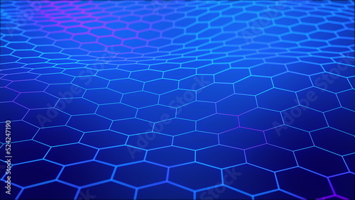 Technological grid of hexagons on a blue background. Glowing blue purple gradient color hex wireframe. Seamless looping animation. photo