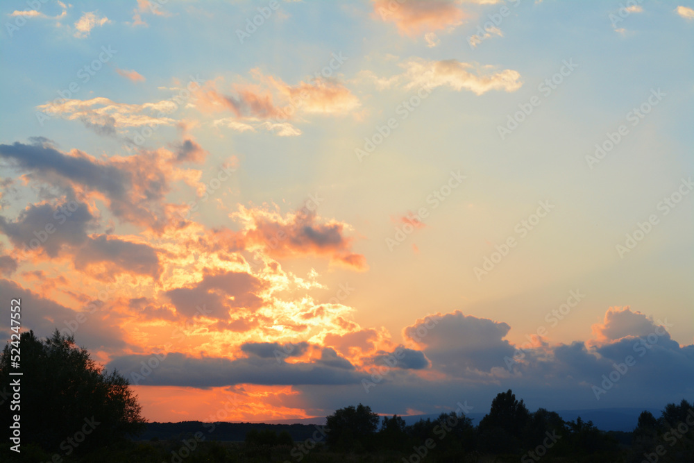 Picturesque view of beautiful countryside at sunset