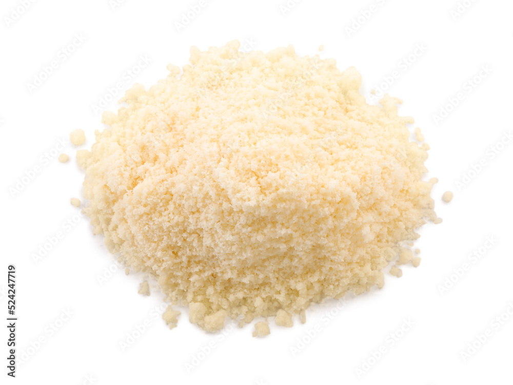 Pile of grated parmesan cheese isolated on white, top view Pile of grated parmesan cheese isolated on white, top view
