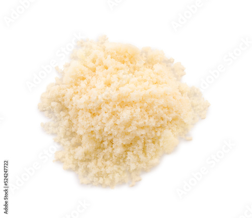 Pile of grated parmesan cheese isolated on white, top view