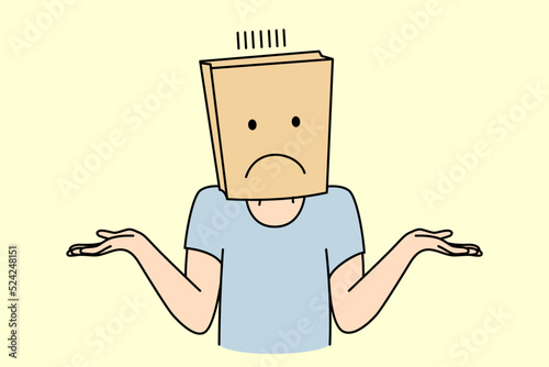 Unknown person with paper bag on hand feel confused and frustrated. Man or woman with package with face expression feeling doubts. Vector illustration. 