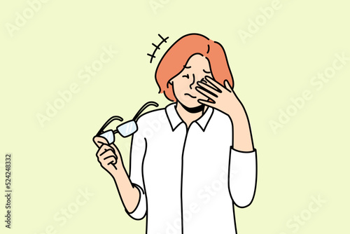 Unhealthy woman take off glasses suffer from migraine. Unwell female struggle with dizziness or blurry vision. Sight problem and healthcare. Vector illustration. 