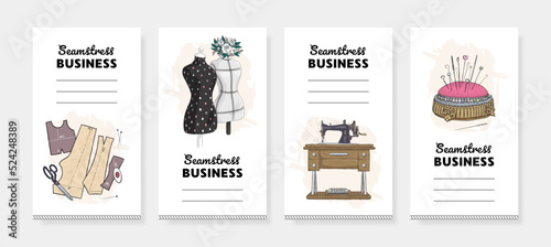 Hand drawn design seamstress social media stories. Vector illustration of sewing machine, pin cushion and buttons