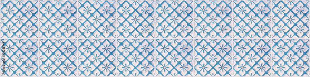 Old blue white seamless flowers flower vintage geometric shabby mosaic ornate patchwork porcelain stoneware tiles, square mosaic stone concrete cement tile wall texture background pattern panorama.