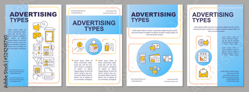Advertising media channels blue brochure template. Content marketing. Leaflet design with linear icons. Editable 4 vector layouts for presentation, annual reports. Arial, Myriad Pro-Regular fonts used