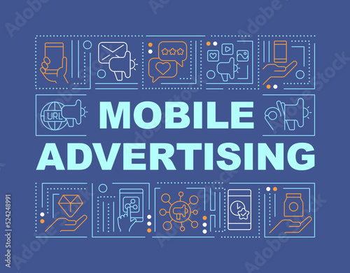 Advertising via mobile phones word concepts dark blue banner. Infographics with editable icons on color background. Isolated typography. Vector illustration with text. Arial-Black font used