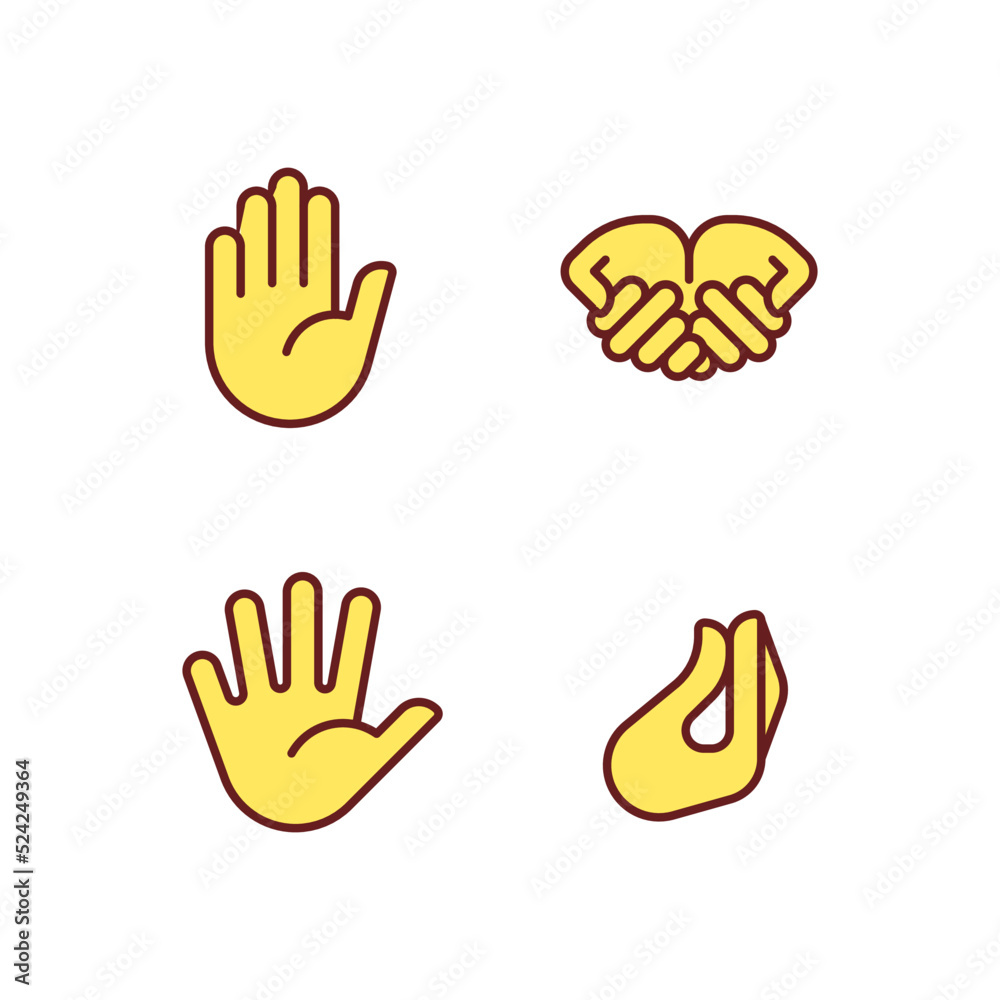 Fototapeta premium Conveying information by gestures pixel perfect RGB color icons set. Communication system. Hand positions. Isolated vector illustrations. Simple filled line drawings collection. Editable stroke