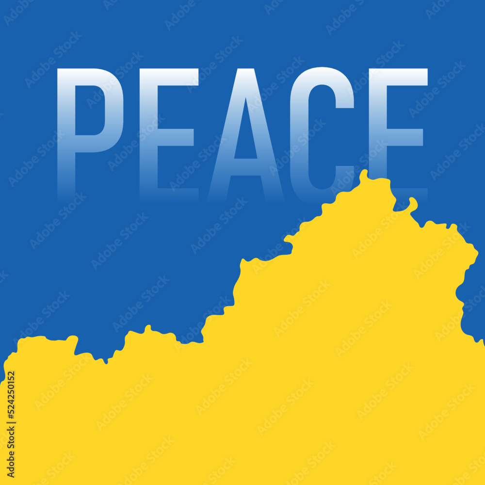Map of state border of Ukraine and Russia in the colors of the Ukrainian flag and word peace. Russian invasion of Ukraine in 2022. Russian aggression concept. Vector illustration.