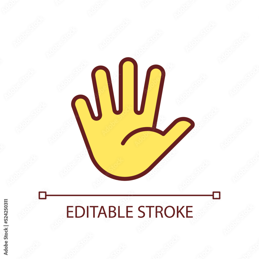 Hand with splayed fingers pixel perfect RGB color icon. Non verbal communication. Body language. Isolated vector illustration. Simple filled line drawing. Editable stroke. Arial font used Hand with splayed fingers pixel perfect RGB color icon. Non verbal communication. Body language. Isolated vector illustration. Simple filled line drawing. Editable stroke. Arial font used