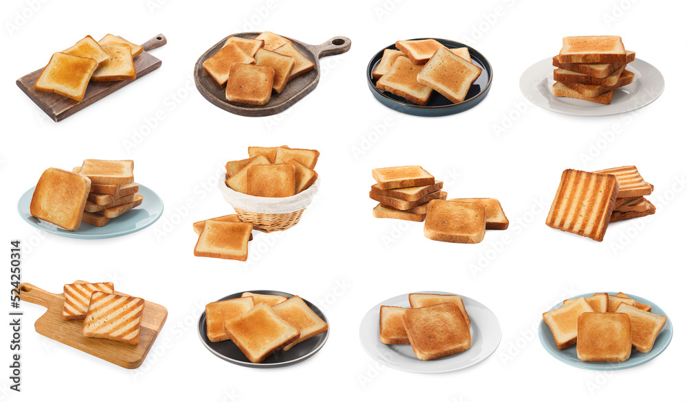 Set with tasty toasted bread on white background