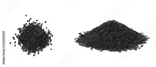 Black sesame seeds on white background, collage. Banner design