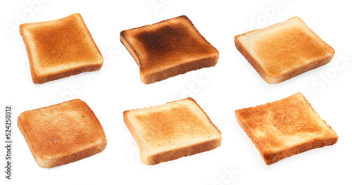 Set with slices of tasty toasted bread on white background