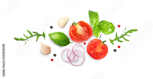 Fototapeta Naklejka Na Ścianę i Meble -  Fresh ripe tomatoes with garlic, onion, basil, arugula and peppercorns on white background. Banner design