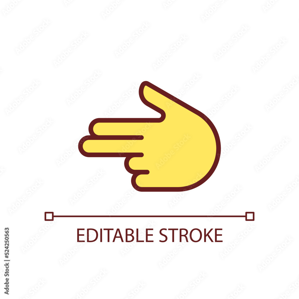 Finger gun pixel perfect RGB color icon. Children imagination. Hand gesture. Imitating handgun. Isolated vector illustration. Simple filled line drawing. Editable stroke. Arial font used Finger gun pixel perfect RGB color icon. Children imagination. Hand gesture. Imitating handgun. Isolated vector illustration. Simple filled line drawing. Editable stroke. Arial font used