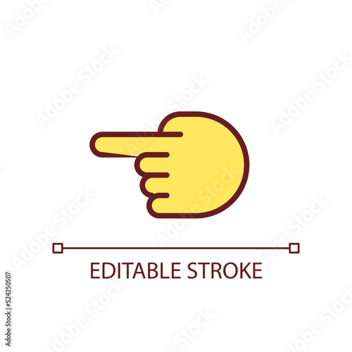 Hand pointing aside pixel perfect RGB color icon. Index finger showing direction. Hand gesture. Isolated vector illustration. Simple filled line drawing. Editable stroke. Arial font used