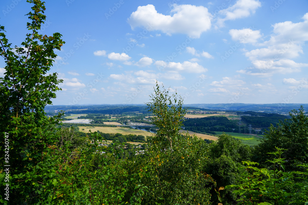 View of the Ruhr area from the Ruhr steep slopes of Hohensyburg and Hagen. landscape on the Ruhr.
