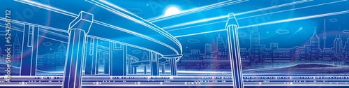 Neon glow city illustration. Transportation overpass bridge, urban infrastructure panorama, modern town at background, vector design art