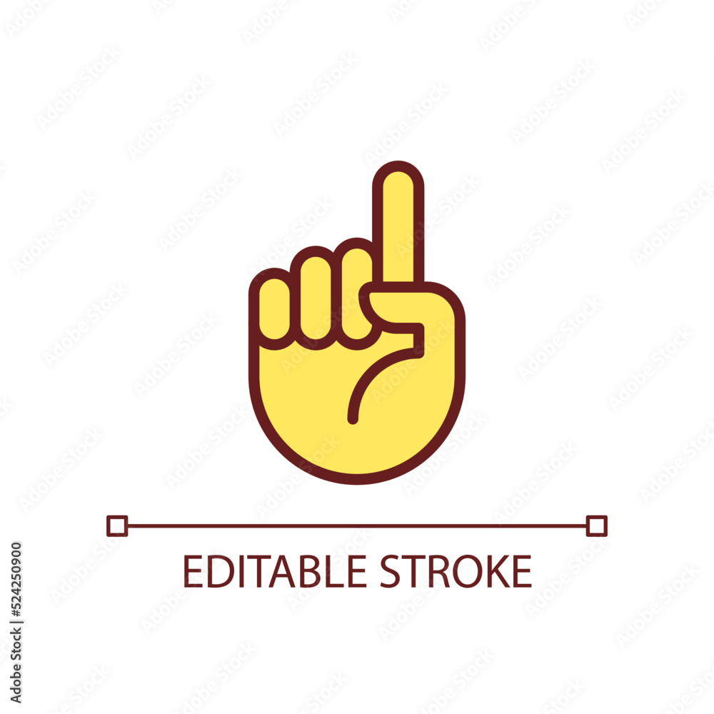 Attention sign pixel perfect RGB color icon. Raised up index finger. Informative hand gesture. Isolated vector illustration. Simple filled line drawing. Editable stroke. Arial font used Attention sign pixel perfect RGB color icon. Raised up index finger. Informative hand gesture. Isolated vector illustration. Simple filled line drawing. Editable stroke. Arial font used