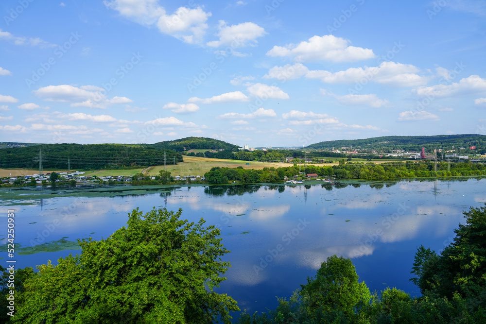 View of the Harkort Lake from Wetter Castle. Landscape on the Ruhr.
