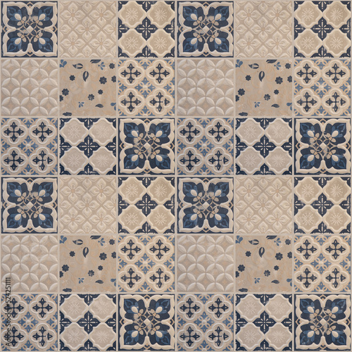 Old beige blue seamless flowers leaves vintage geometric shabby mosaic ornate...