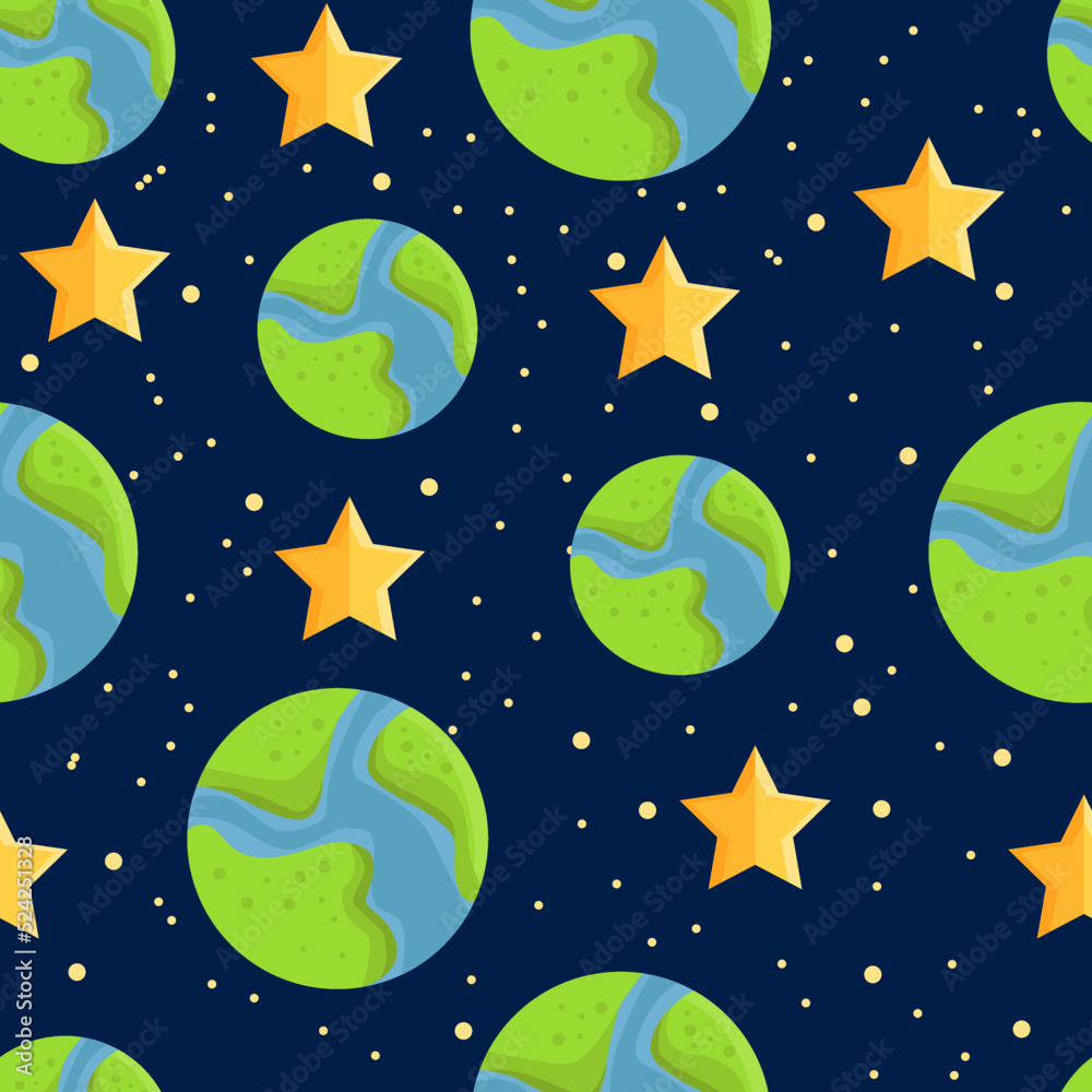 Space seamless pattern with earth and stars.