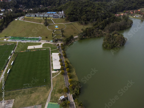 Aerial view of Granja Comary and the lake in the city of Teresópolis. Mountain region of Rio de Janeiro, Brazil. Drone photo. Brazilian Football Team and Brazilian Football Confederation photo