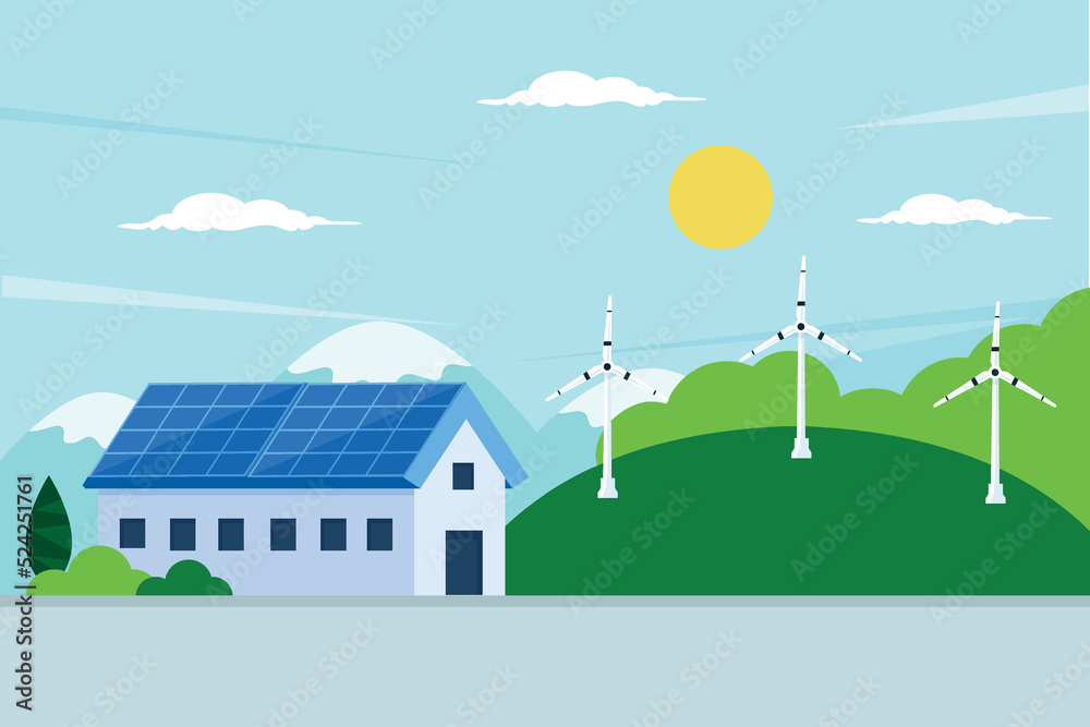 Renewable energy sources. Solar panel and wind turbines in small village. Vector flat design illustration.