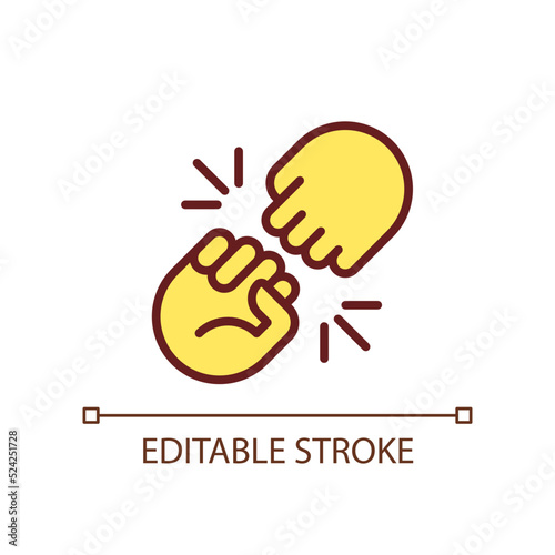 Fist bump pixel perfect RGB color icon. Funny greeting gesture. Communication. Body language. Isolated vector illustration. Simple filled line drawing. Editable stroke. Arial font used