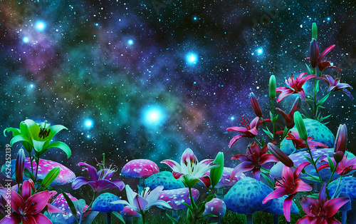 Slika na platnu fantastic wonderland landscape with mushrooms, beautiful  lilies flowers,  and stars