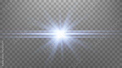 Blue horizontal lens flare. Isolated on transparent background. Sun flash with rays or spotlight and bokeh. Glow flare light effect. Vector illustration.