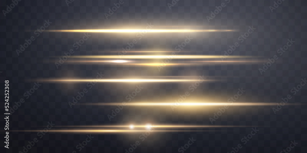 Gold horizontal lens flare set. Isolated on transparent background. Sun flash with rays or gold spotlight and bokeh. Yellow glow flare light effect. Vector illustration. Gold horizontal lens flare set. Isolated on transparent background. Sun flash with rays or gold spotlight and bokeh. Yellow glow flare light effect. Vector illustration.