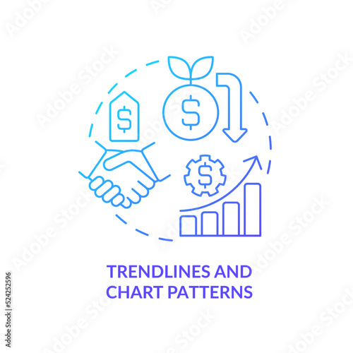 Trendlines and chart patterns blue gradient concept icon. Analysing data. Trend trading strategy abstract idea thin line illustration. Isolated outline drawing. Myriad Pro-Bold font used