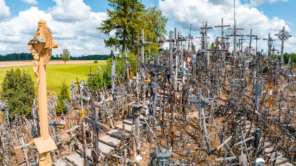 Aerial view of Hill of Crosses or KRYZIU KALNAS in Lithuania. It is a famous religious site of catholic pilgrimage in Lithuania