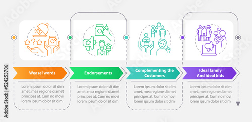 Marketing campaign techniques rectangle infographic template. Data visualization with 4 steps. Editable timeline info chart. Workflow layout with line icons. Myriad Pro-Bold, Regular fonts used