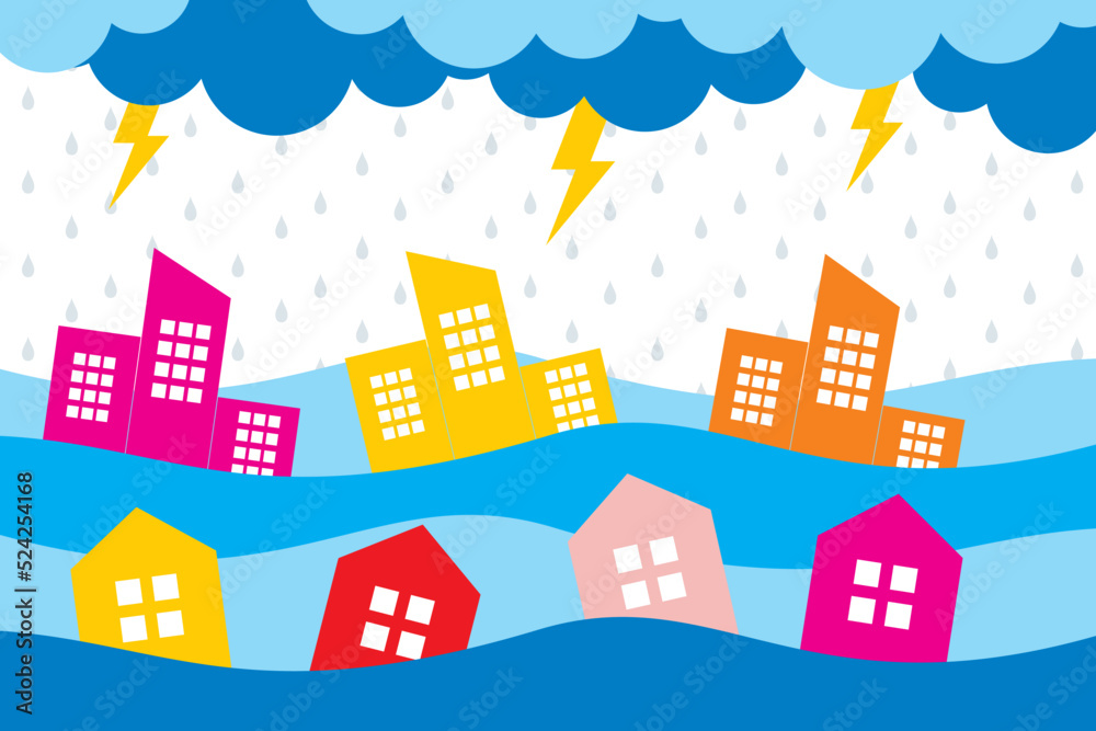 Floods. Natural disasters. Illustration of heavy rain accompanied by flooding Floods. Natural disasters. Illustration of heavy rain accompanied by flooding