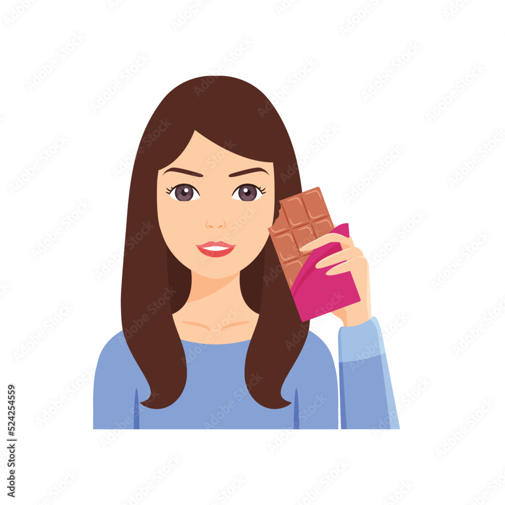 A Beautiful Brunette Woman with a Chocolate Bar in her Hands. The Happy Lady is Eating Sweet Chocolate. Color Cartoon style. White background. Vector Illustration for Chocolate Day Holiday. A Beautiful Brunette Woman with a Chocolate Bar in her Hands. The Happy Lady is Eating Sweet Chocolate. Color Cartoon style. White background. Vector Illustration for Chocolate Day Holiday.