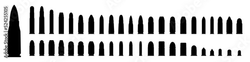 Bullet icon isolated. Various of military cartridge. Military ammunition. Bullet or patron silhouette. Vector illustration.