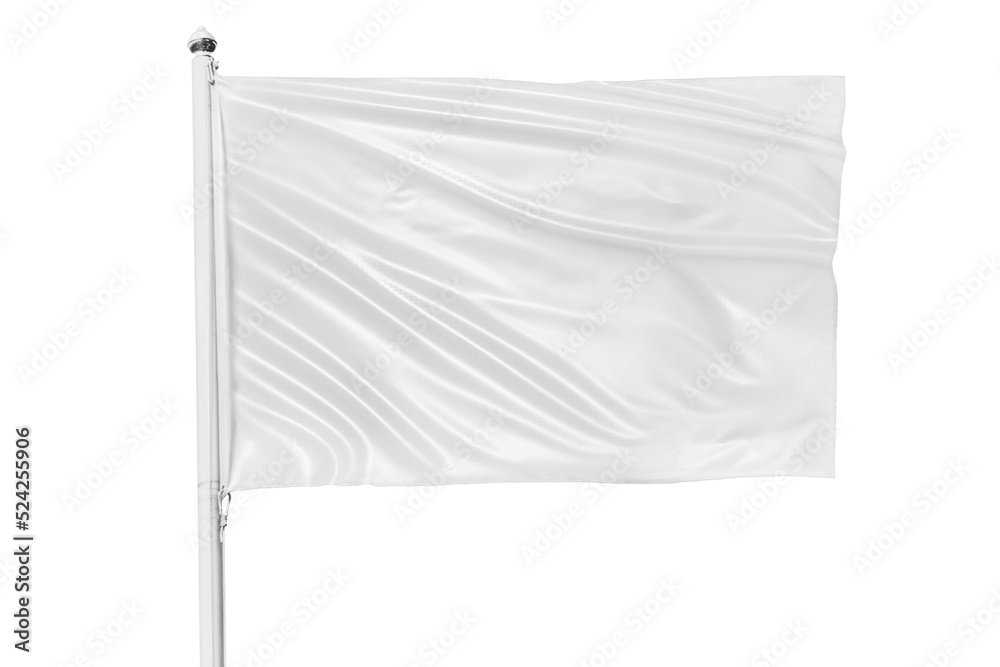White flag waving in the wind on flagpole, isolated on white background, closeup