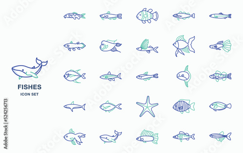 Sea fish and underwater icon set