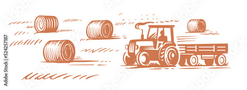 Tractor on field with hay. Farm Theme