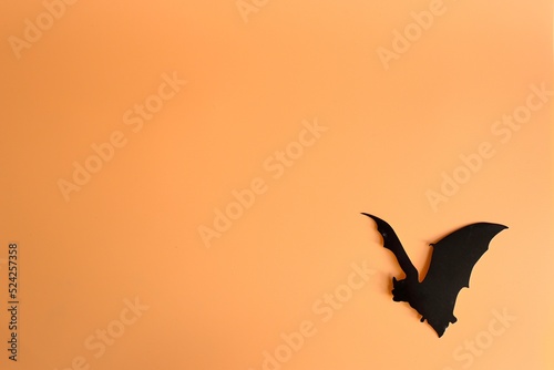 Silhouette of bat on a orange background. Creative halloween concept backdrop. halloween bat craft.