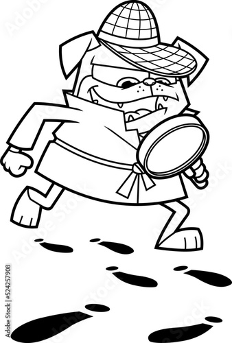 Outlined Funny Detective Pug Dog Cartoon Character With Magnifying Glass Following A Clues. Vector Hand Drawn Illustration Isolated On Transparent Background