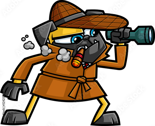 Funny Detective Pug Dog Cartoon Character Smoking A Cigar And Holding A Flashlight And Shines. Vector Hand Drawn Illustration Isolated On Transparent Background