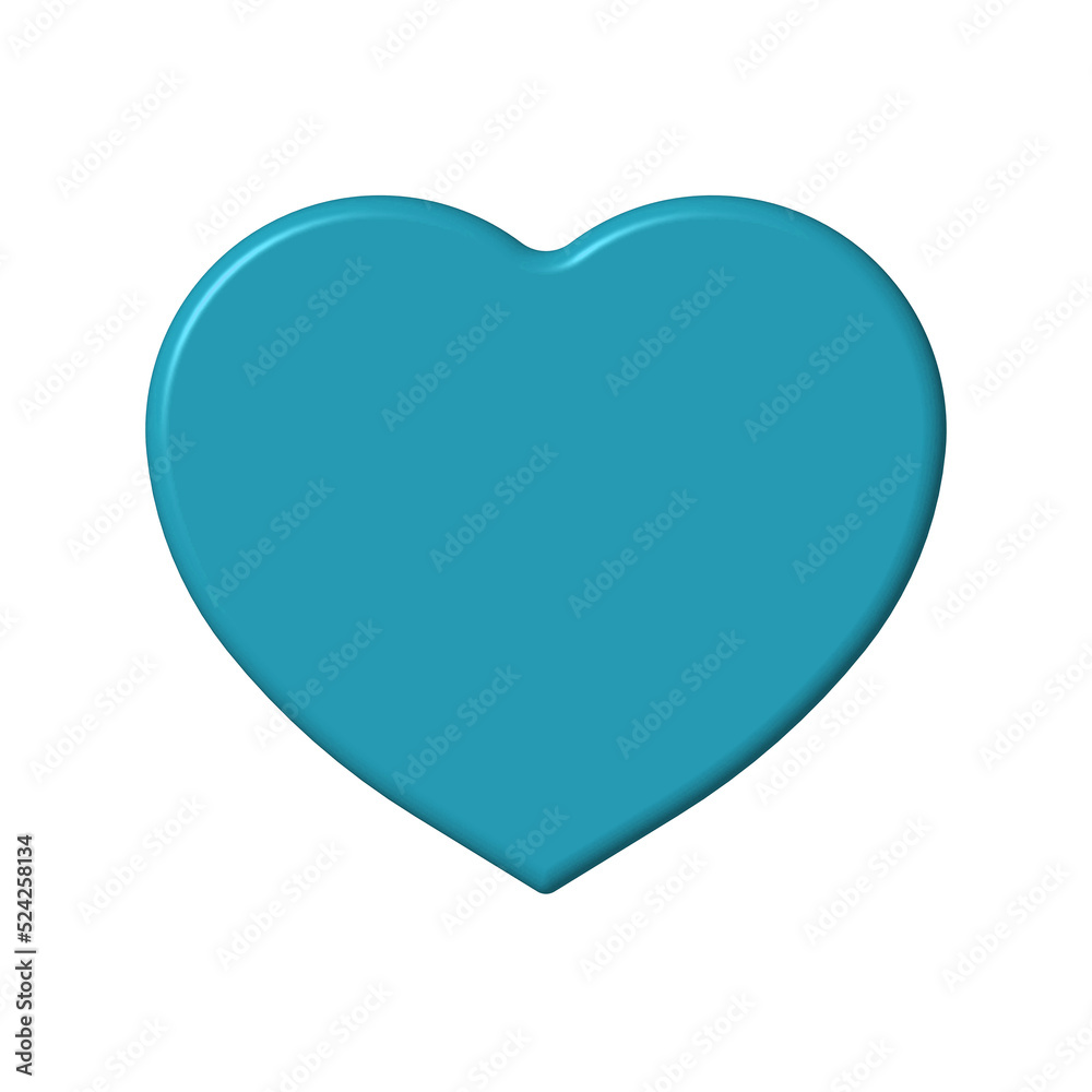 Cyan Blue heart isolated on white background. Paste template. Glare from lighting Valentine's Day. 3D image. 3d rendering.