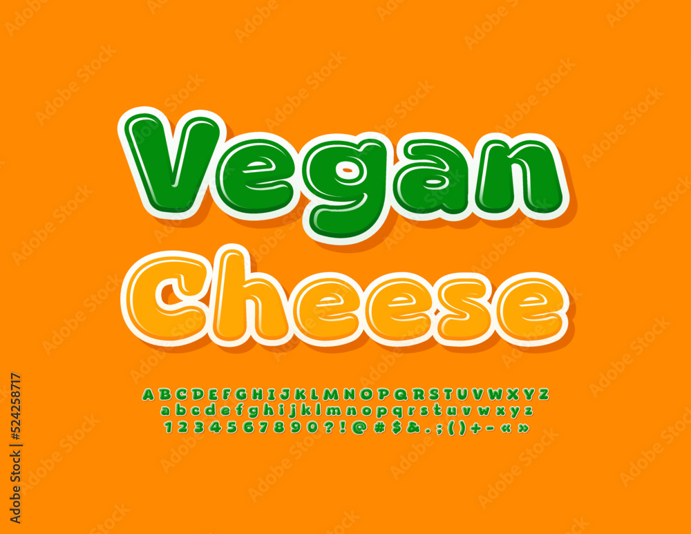 Fototapeta premium Vector bright badge Vegan Cheese. Playful style Font. Green creative Alphabet Letters, Numbers and Symbols set
