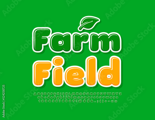 Vector natural sign Farm Field with decorative Leaf. Fresh modern Font. Green Alphabet Letters, Numbers and Symbols set